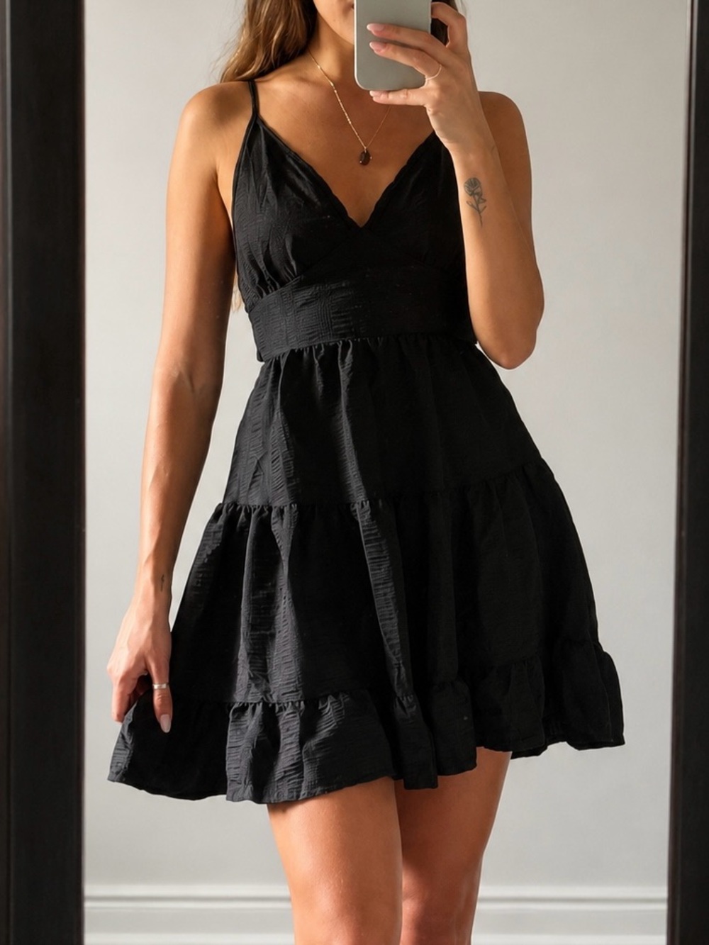Black Spaghetti-Strap Tiered Mini Dress